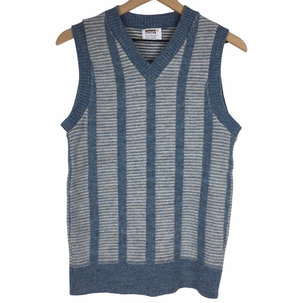 VINTAGE Wool Sweater Vest Montgomery Ward Stripe Sleeveless V Neck Size Medium